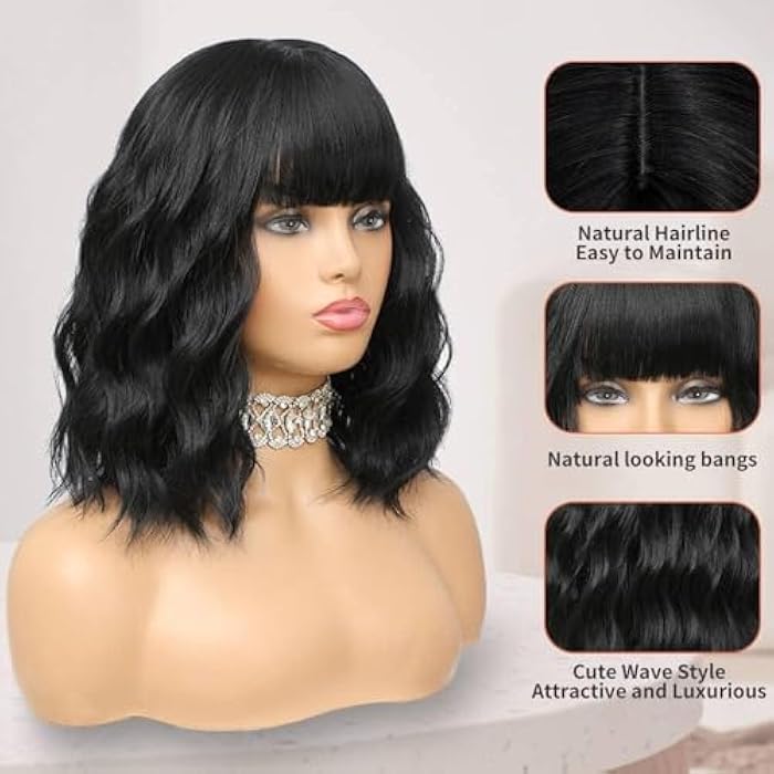 MEDIUM Bob Wavy Wigs with Bangs Shoulder Length curly Wavy Synthetic Hair with Curtain Bangs for Women Cute Natural Daily Use Hair Wig for Black Women 16 Inch -40 CM TO 45 CM-JW58-1 BLACK - Image 3